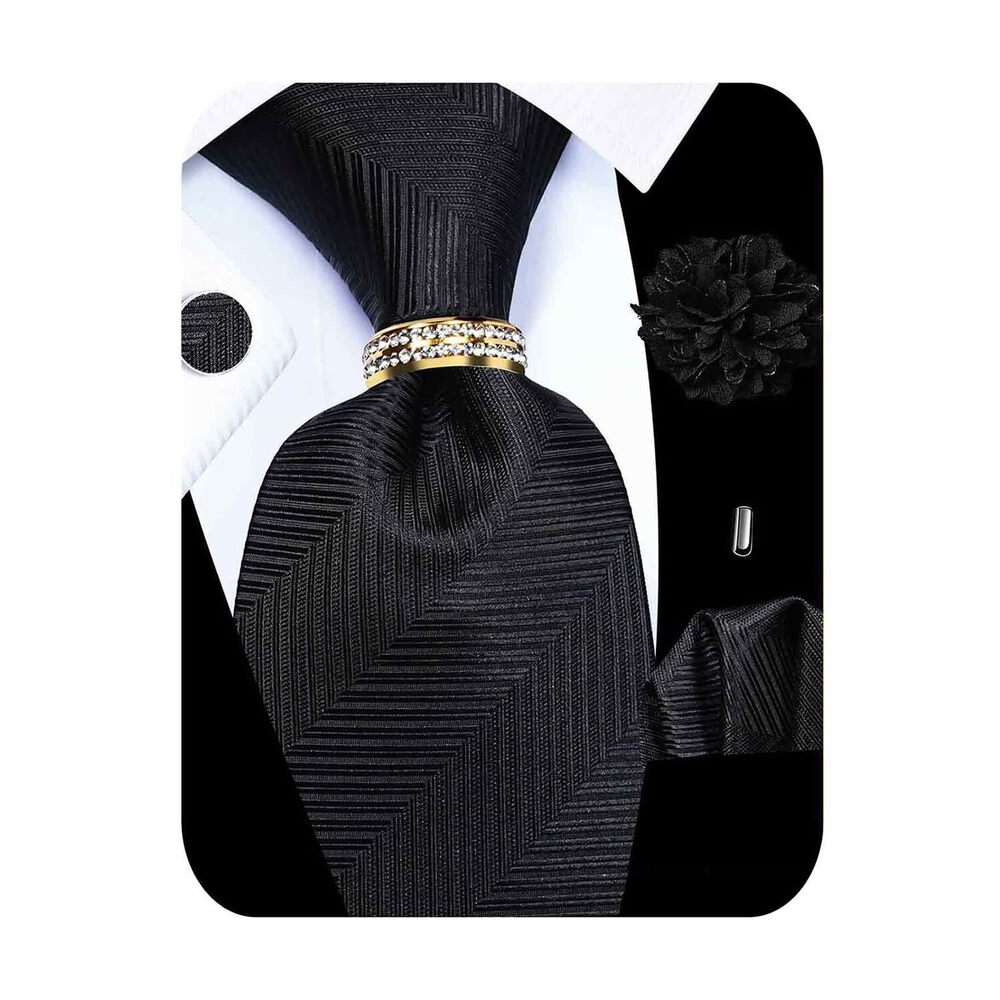 2971 5PCS Black Striped Tie Pocket Square , Silk Necktie